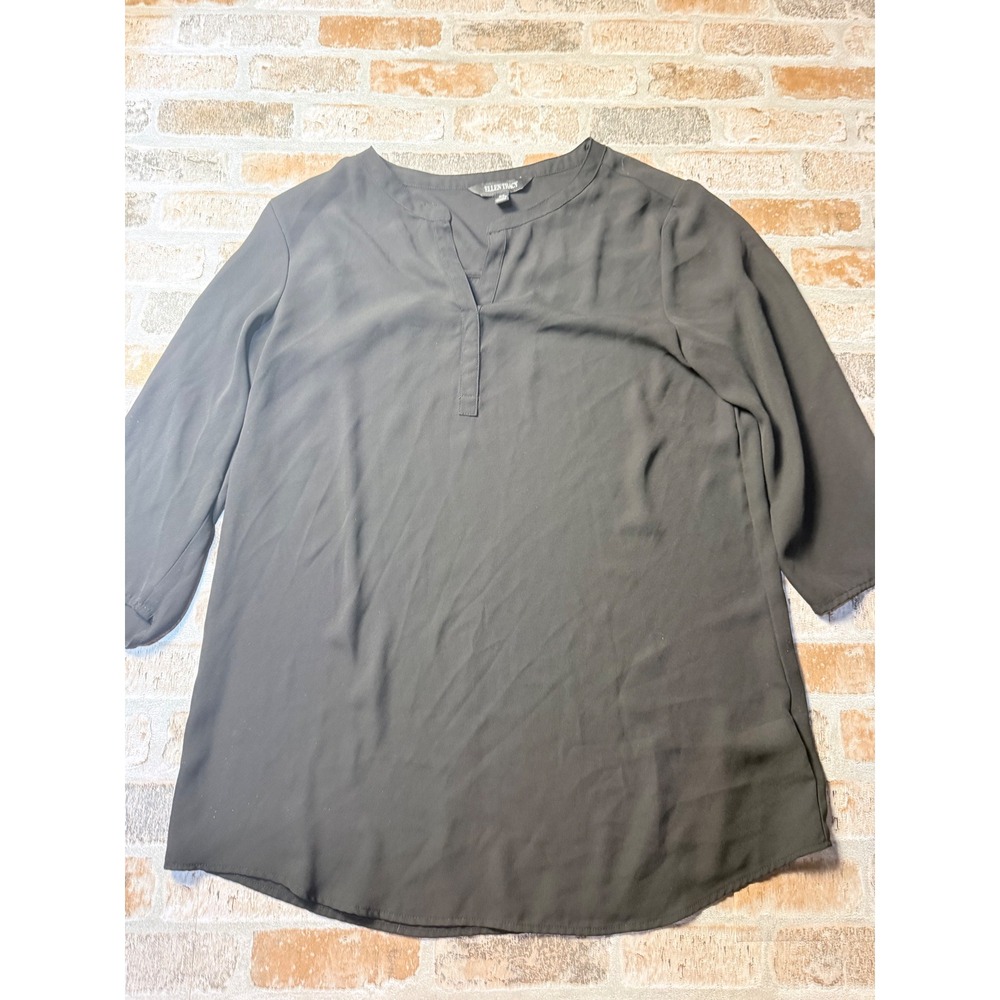 Ellen Tracy Womens Black Split V-Neck 3/4 Sleeve Blouse Top Size Medium
